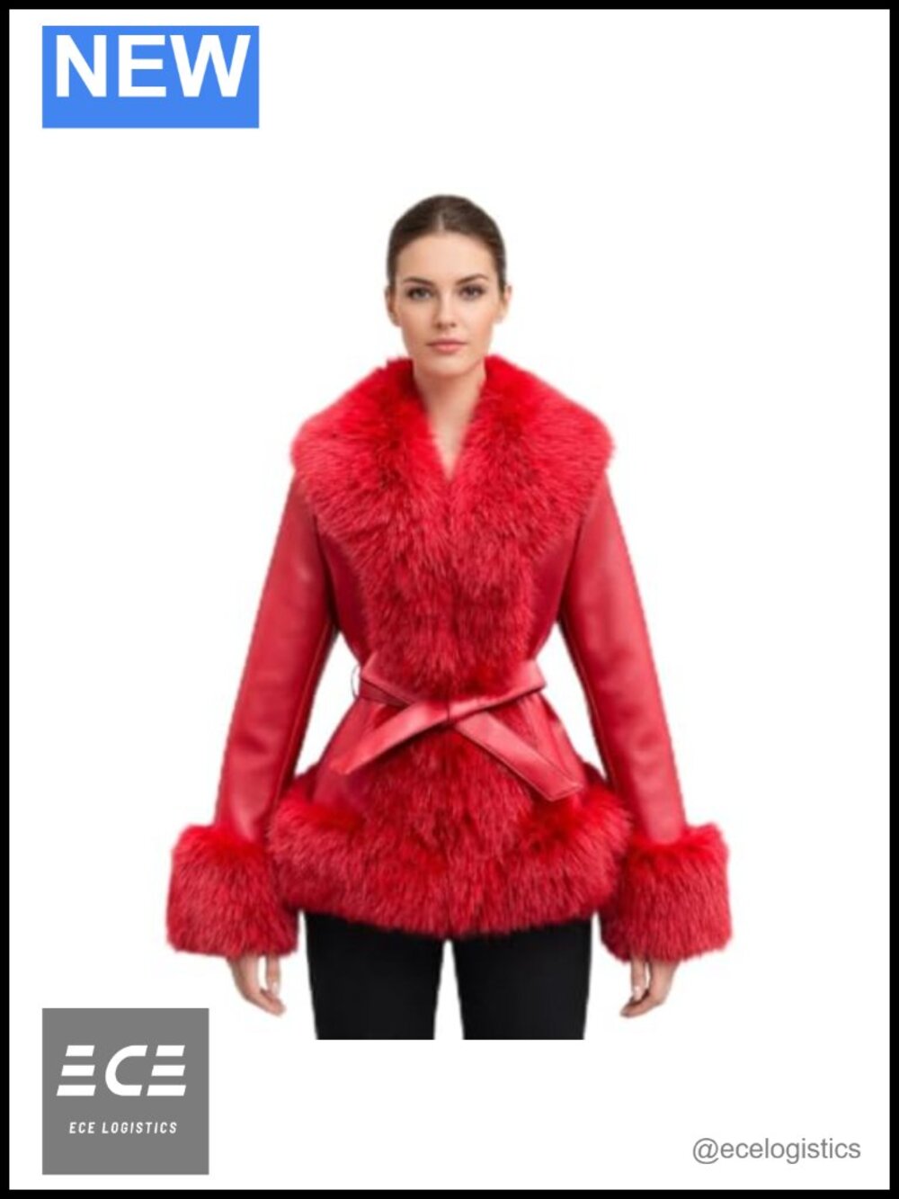 Vegan Leather Faux Fur Trim Belted Waist Length Winter Coat Fleece Lined